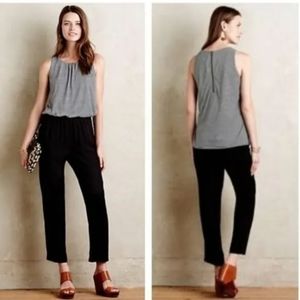 Anthropologie Elevenses olive saje green stripes jumpsuit sleeveless